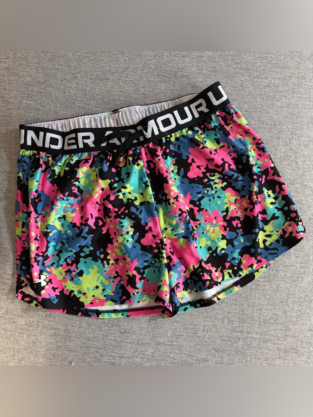 Under Armour Neon Multi Camo Athletic Shorts - youth large